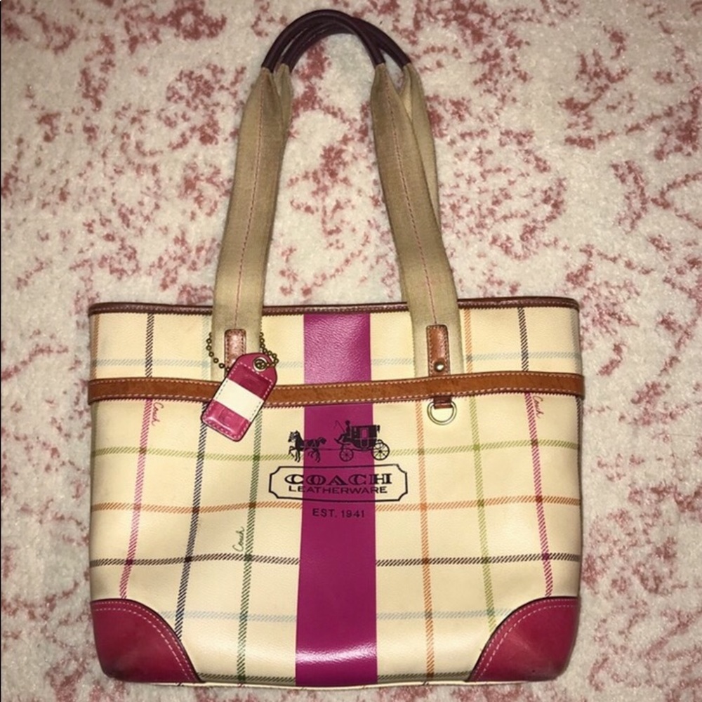Coach Heritage Stripe Tattersall Leather Tote